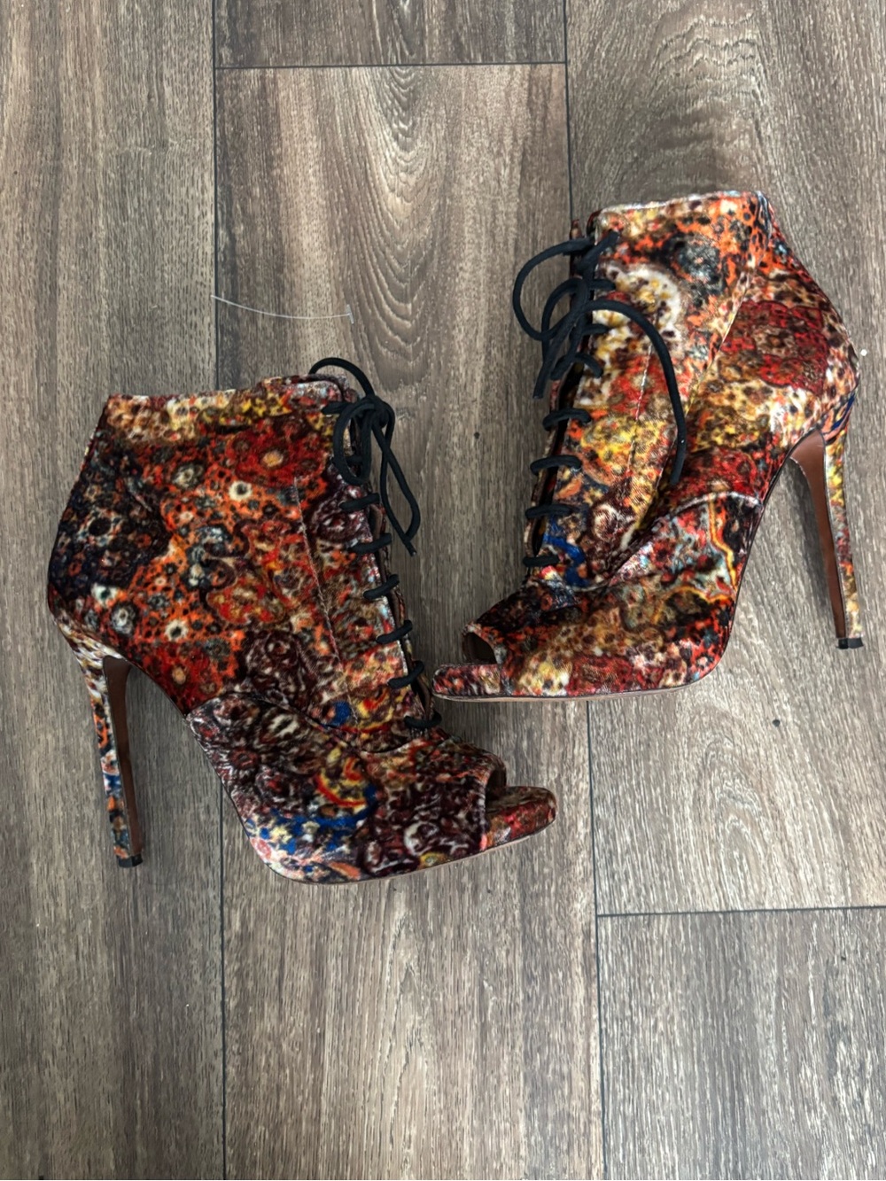 Tabitha Simmons multicolor velvet lace-up peep toe booties
